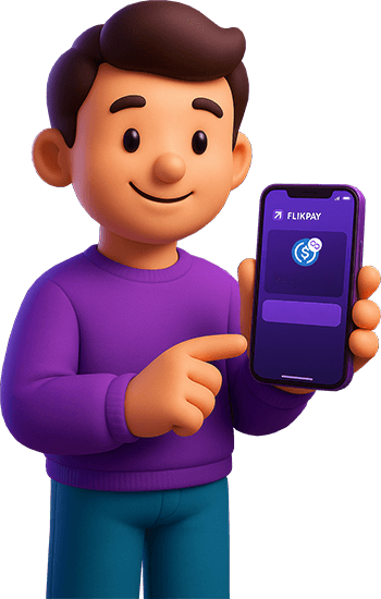 FlikPay app character holding phone